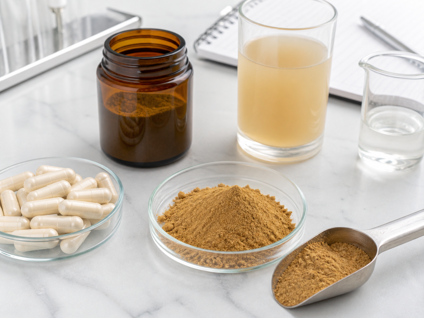 Ashwagandha extract powder for capsule and beverage formulation evaluation