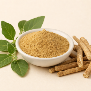 Ashwagandha extract powder with dried roots and botanical leaves