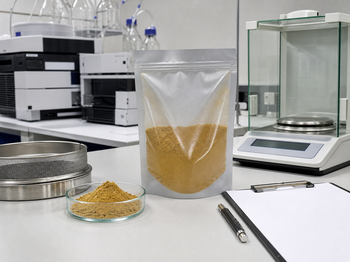 Ashwagandha extract powder sample with laboratory quality-control equipment