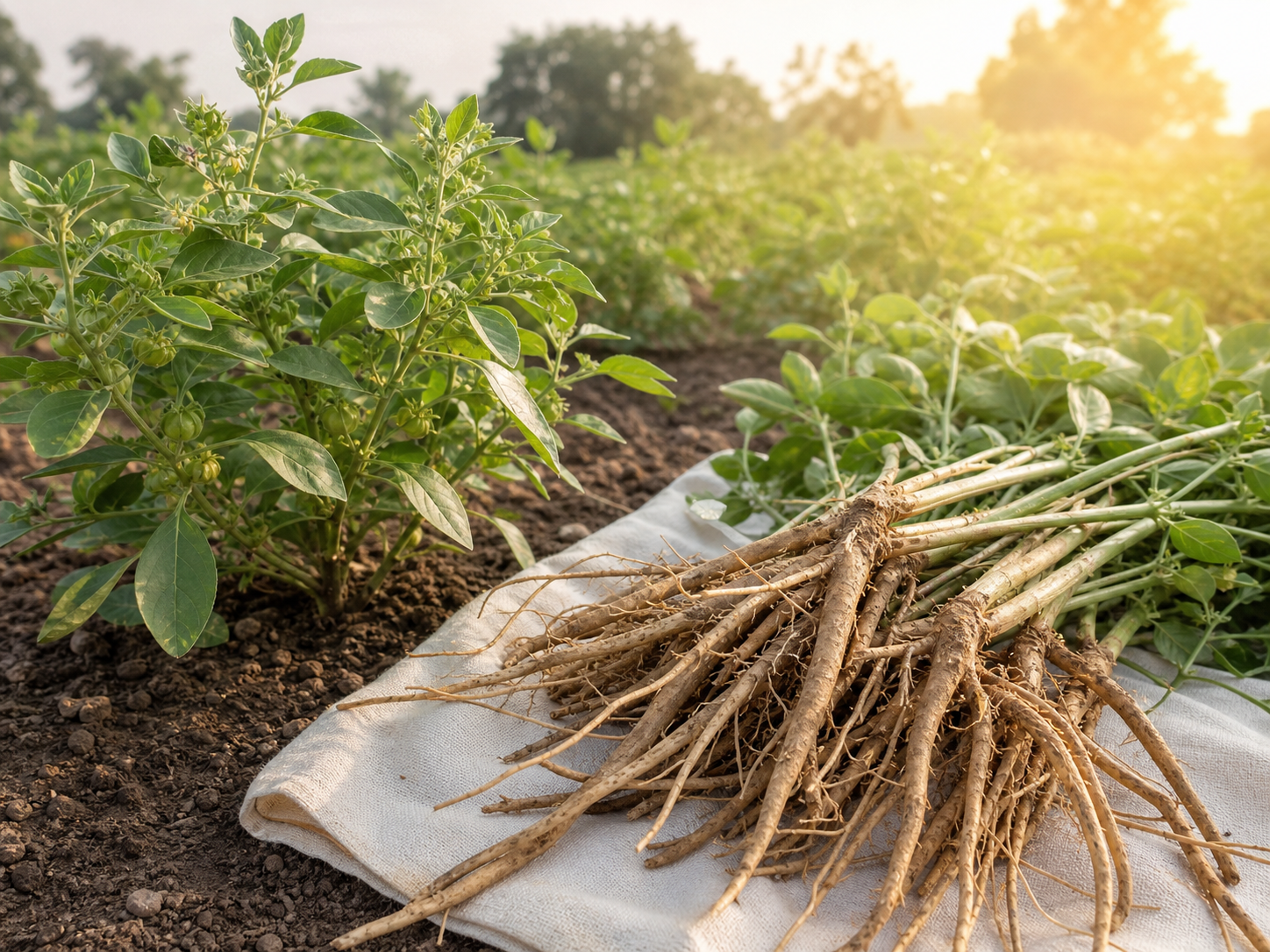 Ashwagandha plants and freshly harvested roots in cultivation field