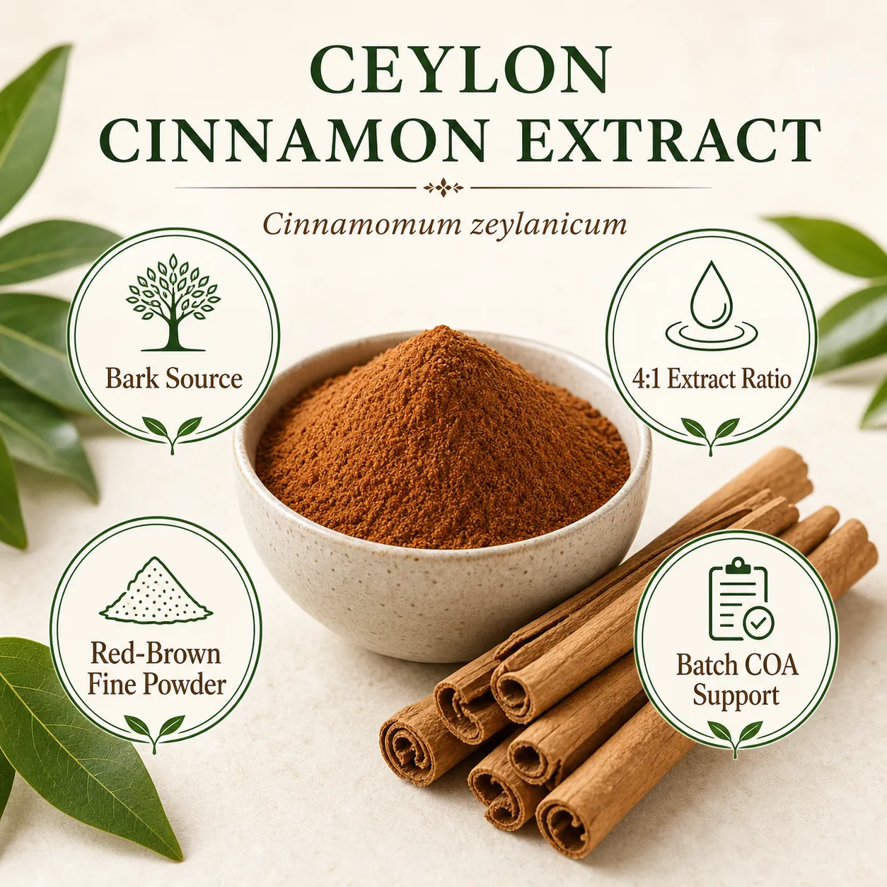Ceylon cinnamon extract 4:1 bark source and COA support