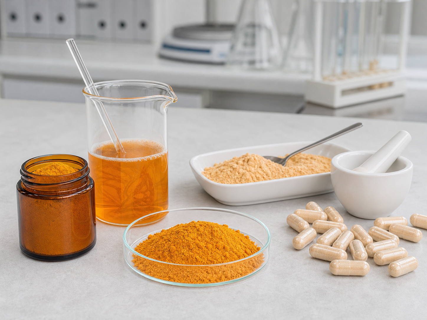 Curcumin extract powder for capsule, powder blend and beverage formulation evaluation