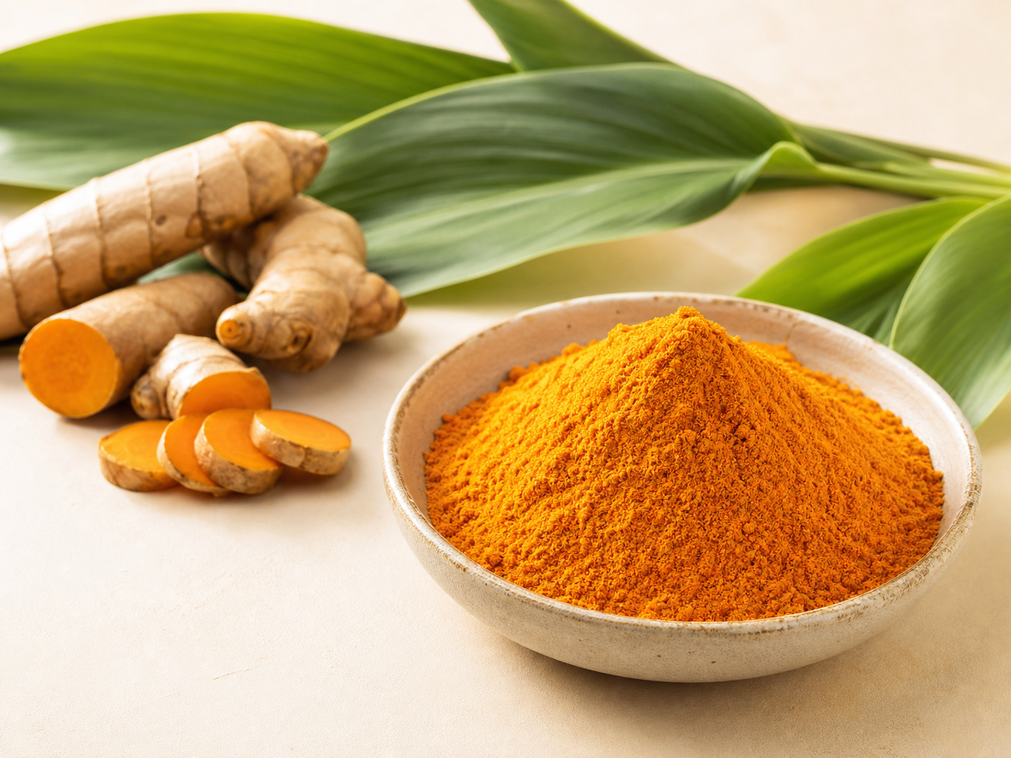 Orange curcumin extract powder with Curcuma longa rhizomes and leaves