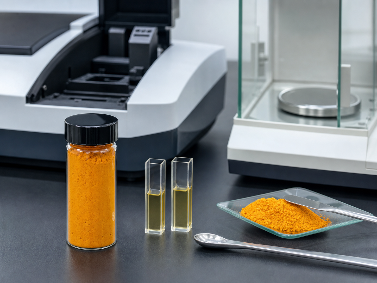 Curcumin powder sample with UV spectrophotometer cuvettes and laboratory balance