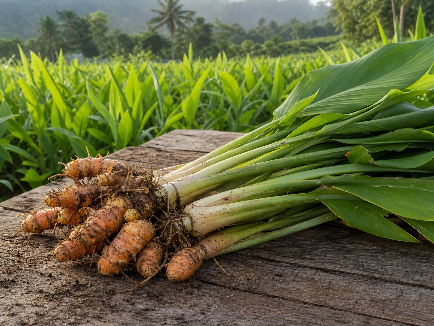 Freshly harvested Curcuma longa rhizomes and leaves at a cultivation field