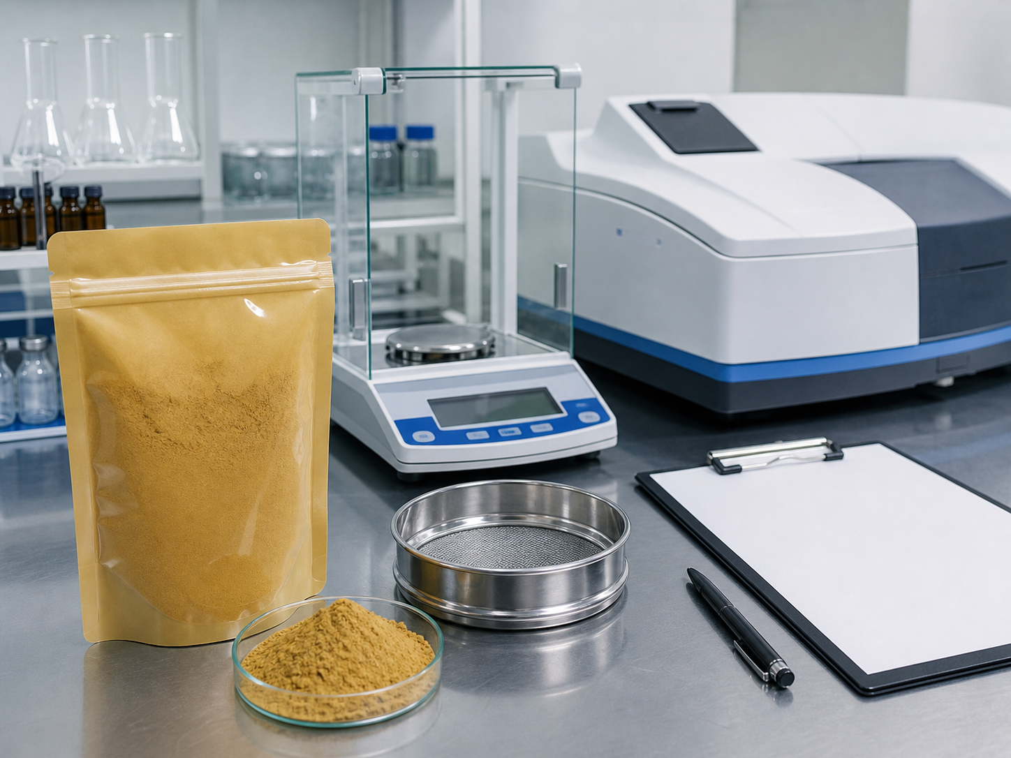 Ginseng extract powder sample with laboratory quality-control equipment