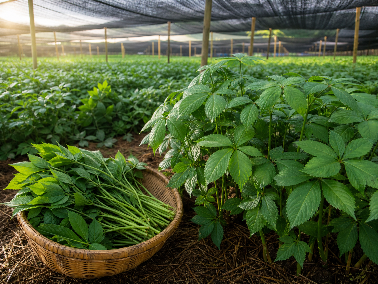 Panax ginseng plants showing stem and leaf source material