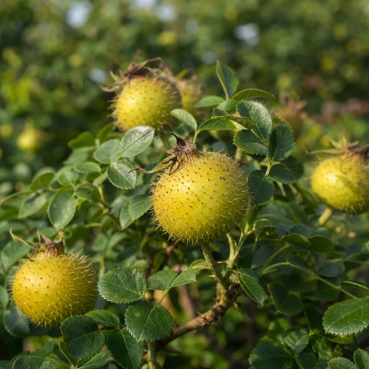 Rosa roxburghii fruits growing in an orchard