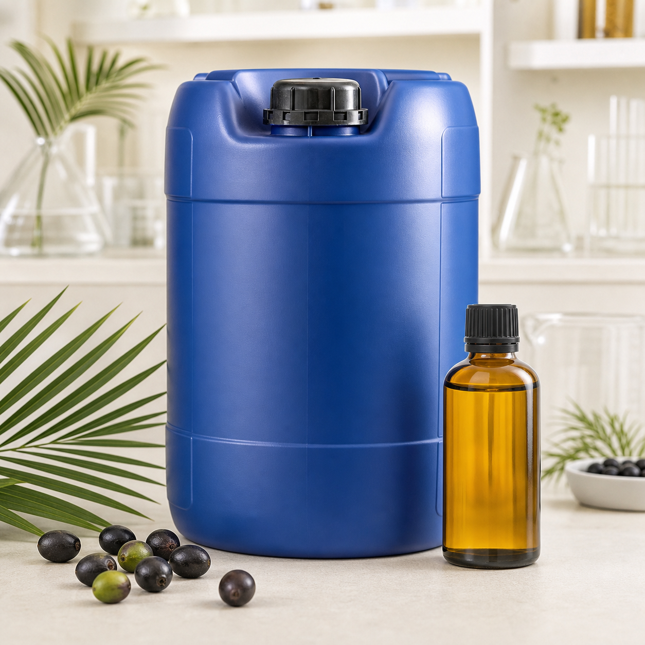 Food-grade HDPE drum and amber sample bottle for saw palmetto extract oil