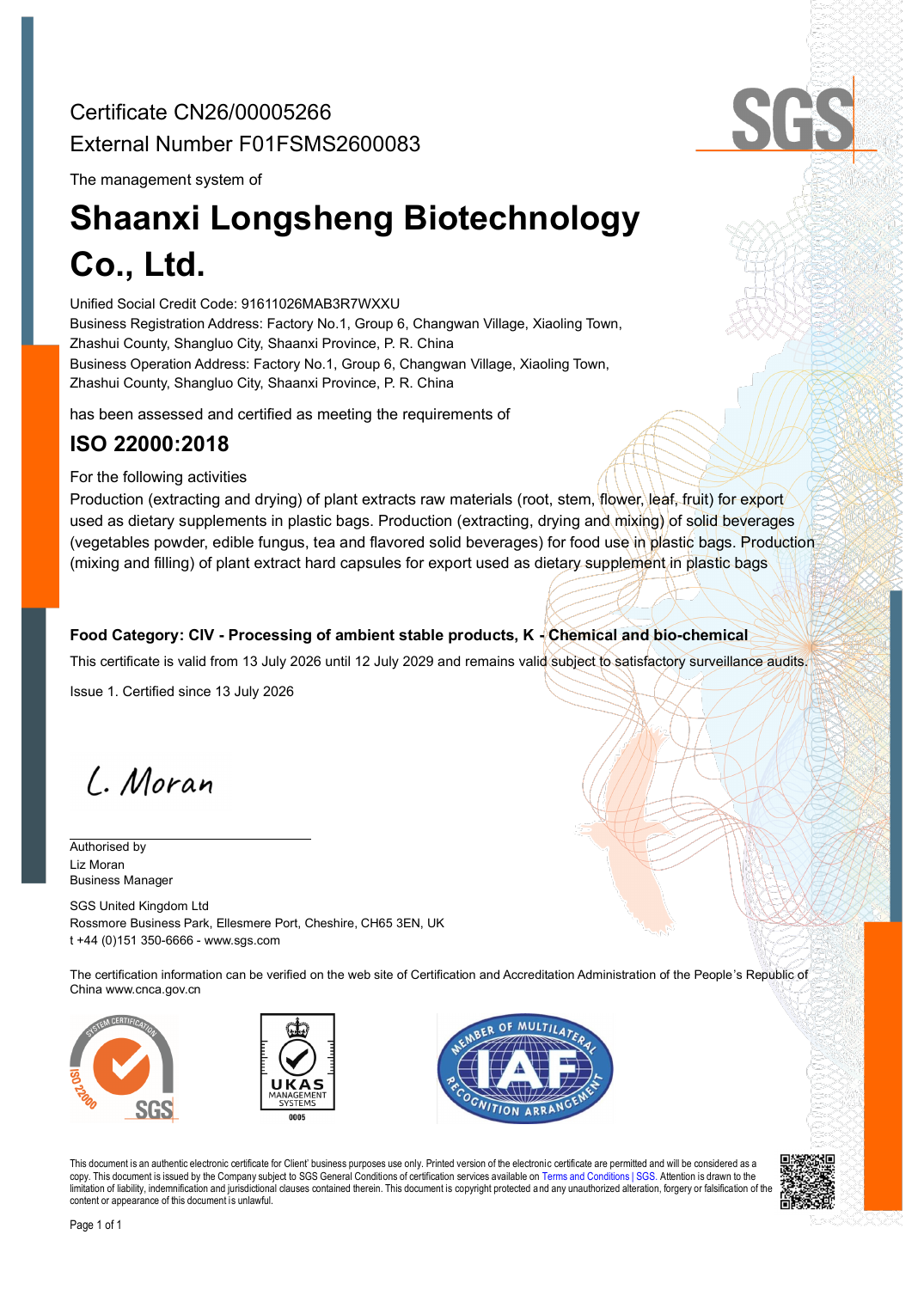 ISO 22000 certificate preview