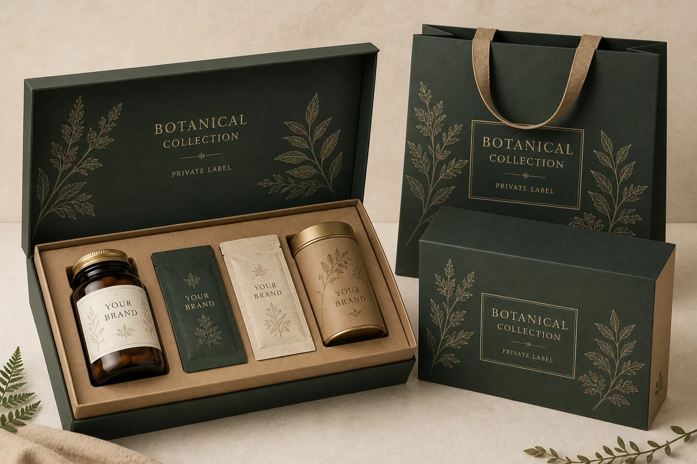 Private label botanical supplement gift set packaging concept
