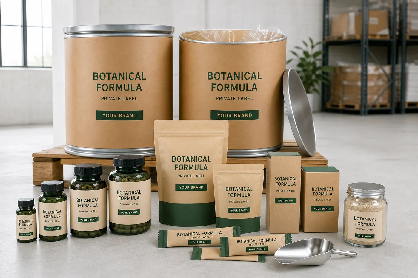 Bulk botanical ingredients to private label retail packaging concept