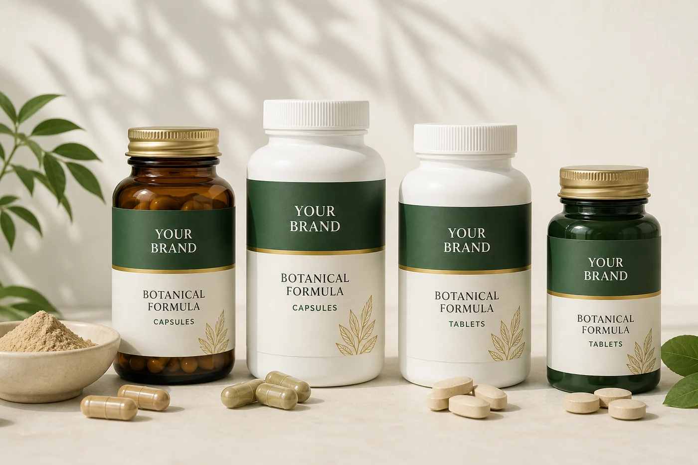 Private label botanical capsules and tablets packaging concept