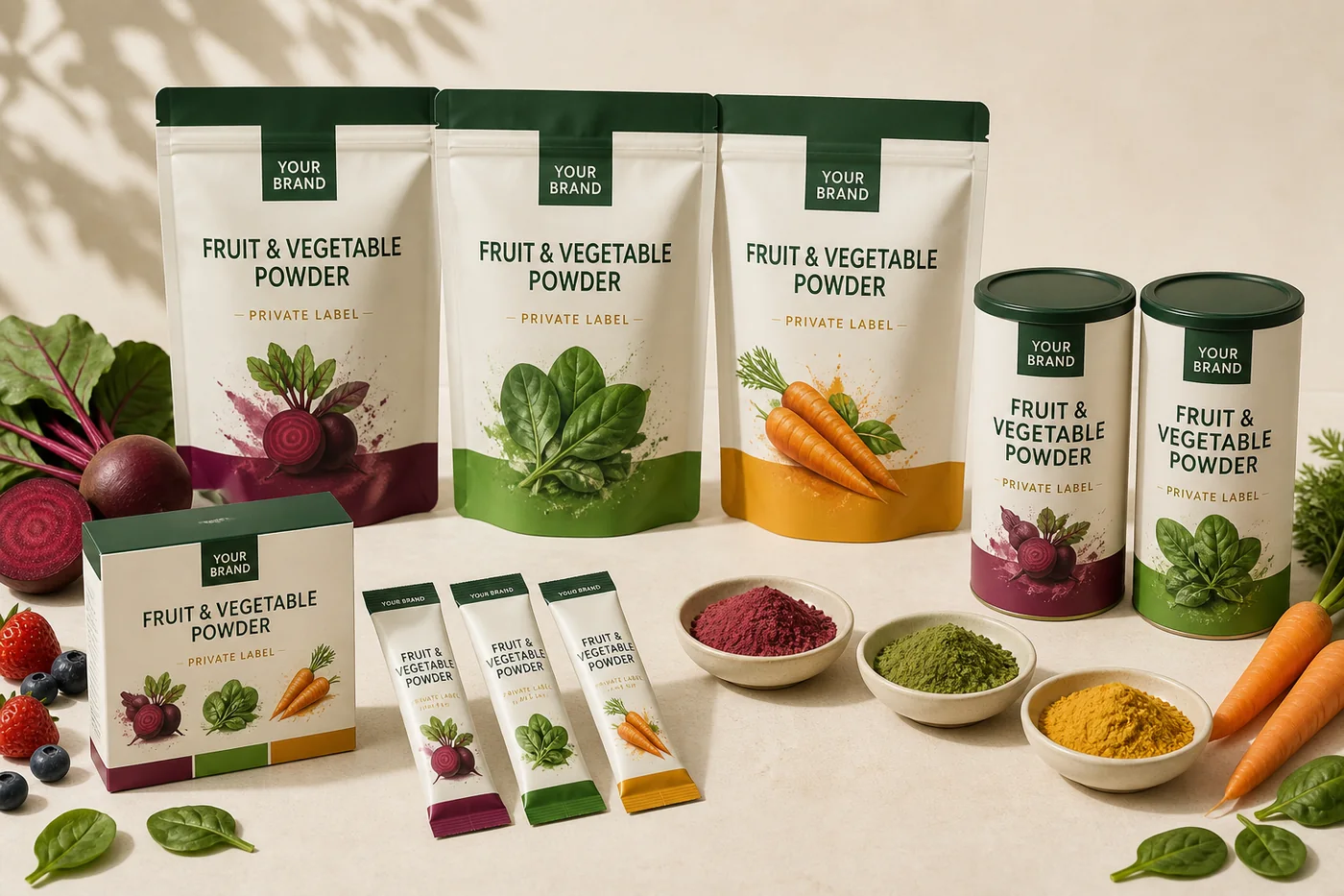 Private label fruit and vegetable powder packaging concept
