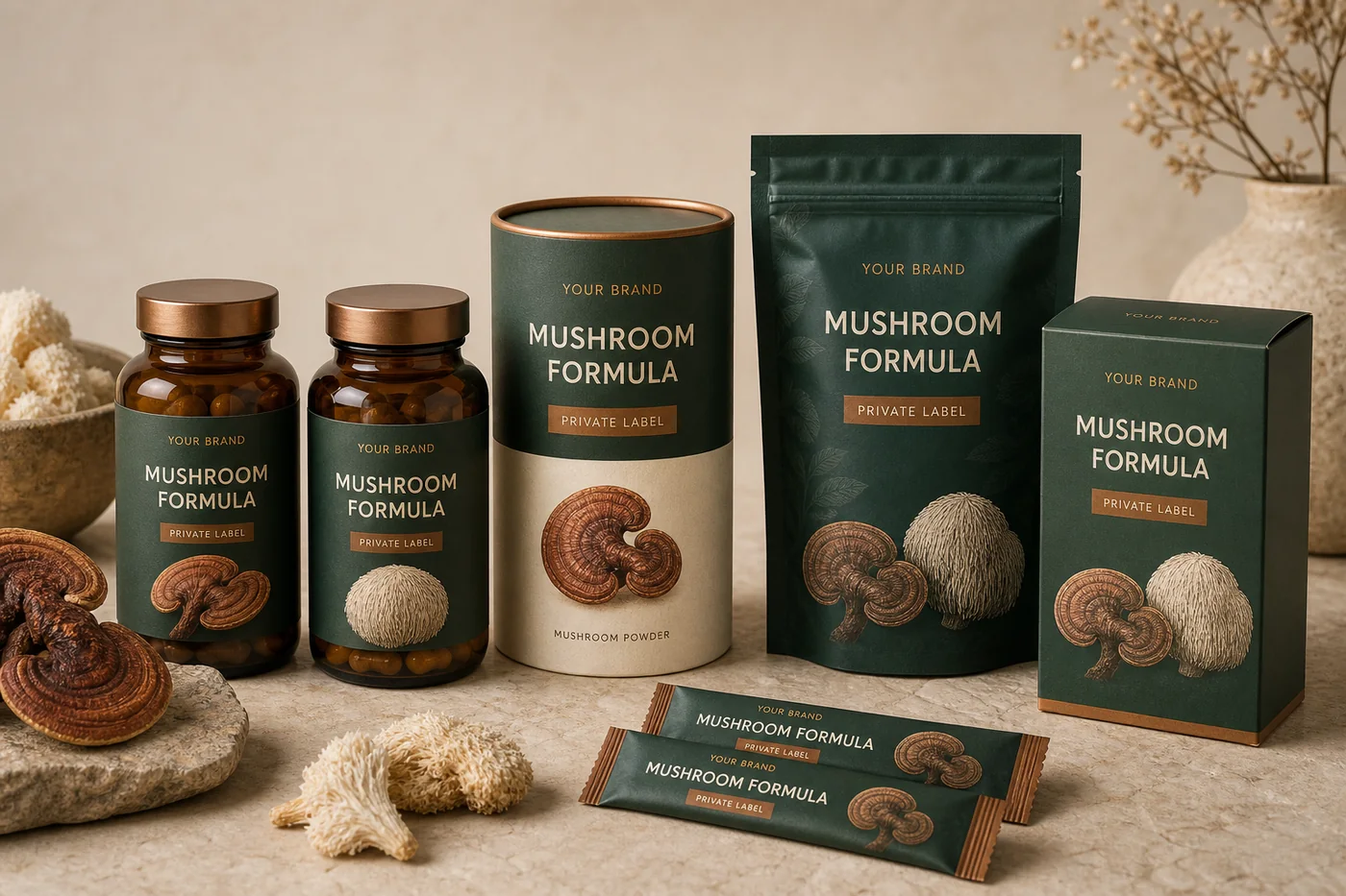 Private label functional mushroom product packaging concept