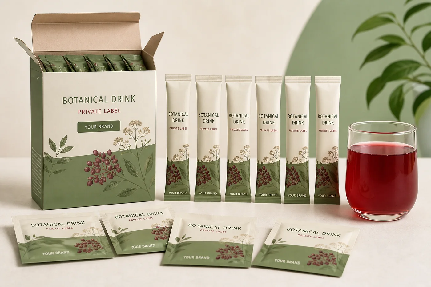 Private label botanical solid drink sachets and carton concept