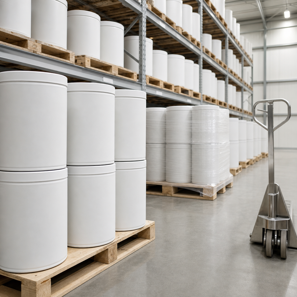 Neatly stacked plain white fibre drums on wooden pallets with a shrink-wrapped pallet and a stainless steel hand truck in a bright ingredient warehouse aisle
