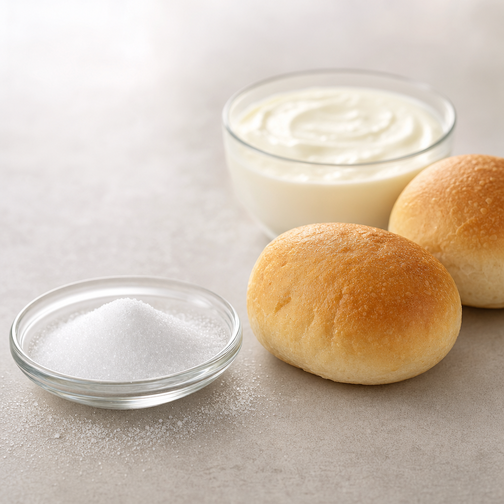 Plain baked rolls and a bowl of a smooth dairy-style product beside a small glass dish of fine white crystalline powder on a light neutral surface