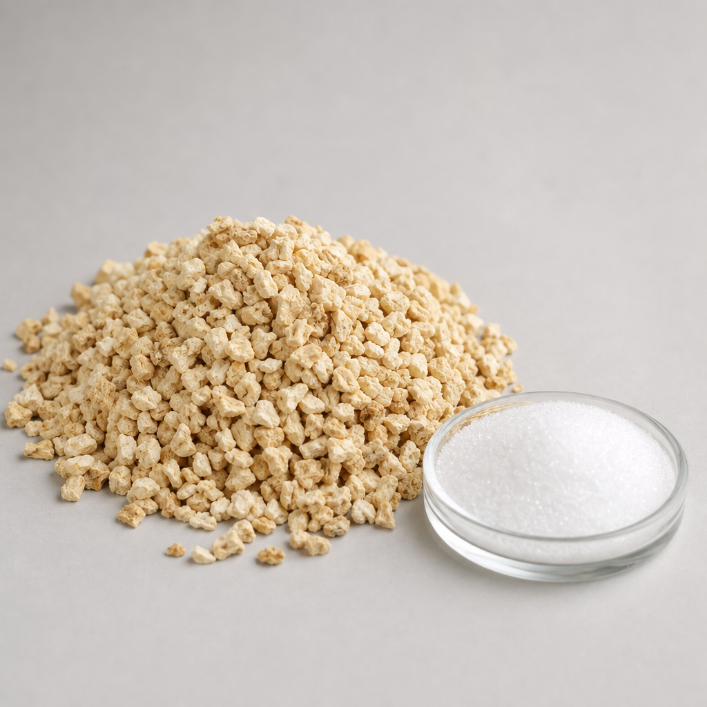 Coarse pale cream to light-tan dried poultry muscle extract granules with a matte dry surface heaped beside a small glass dish of fine white crystalline anserine powder on a neutral light-grey surface