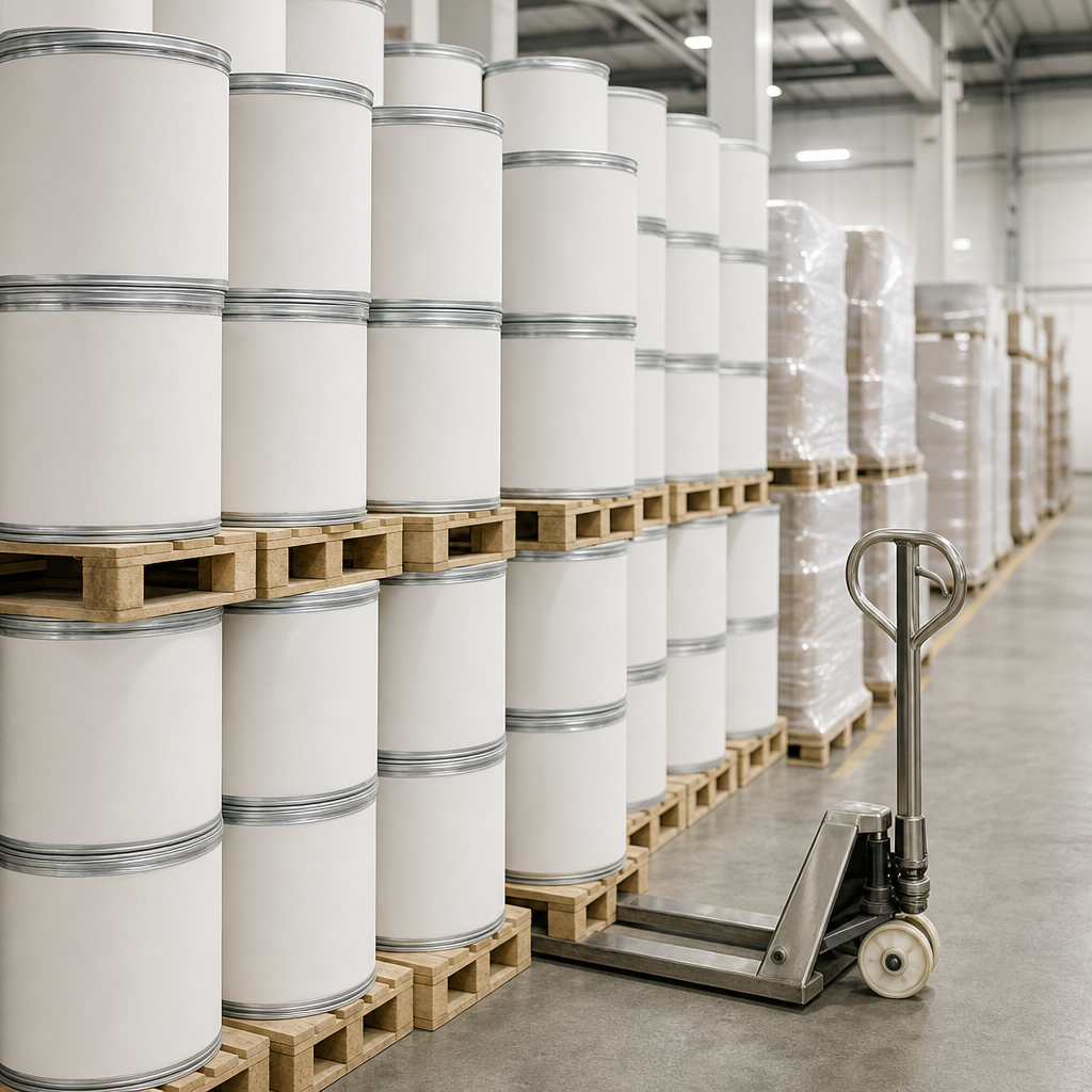 Ingredient warehouse aisle with neatly stacked white fibre drums on wooden pallets, shrink-wrapped pallets and a stainless steel pallet truck