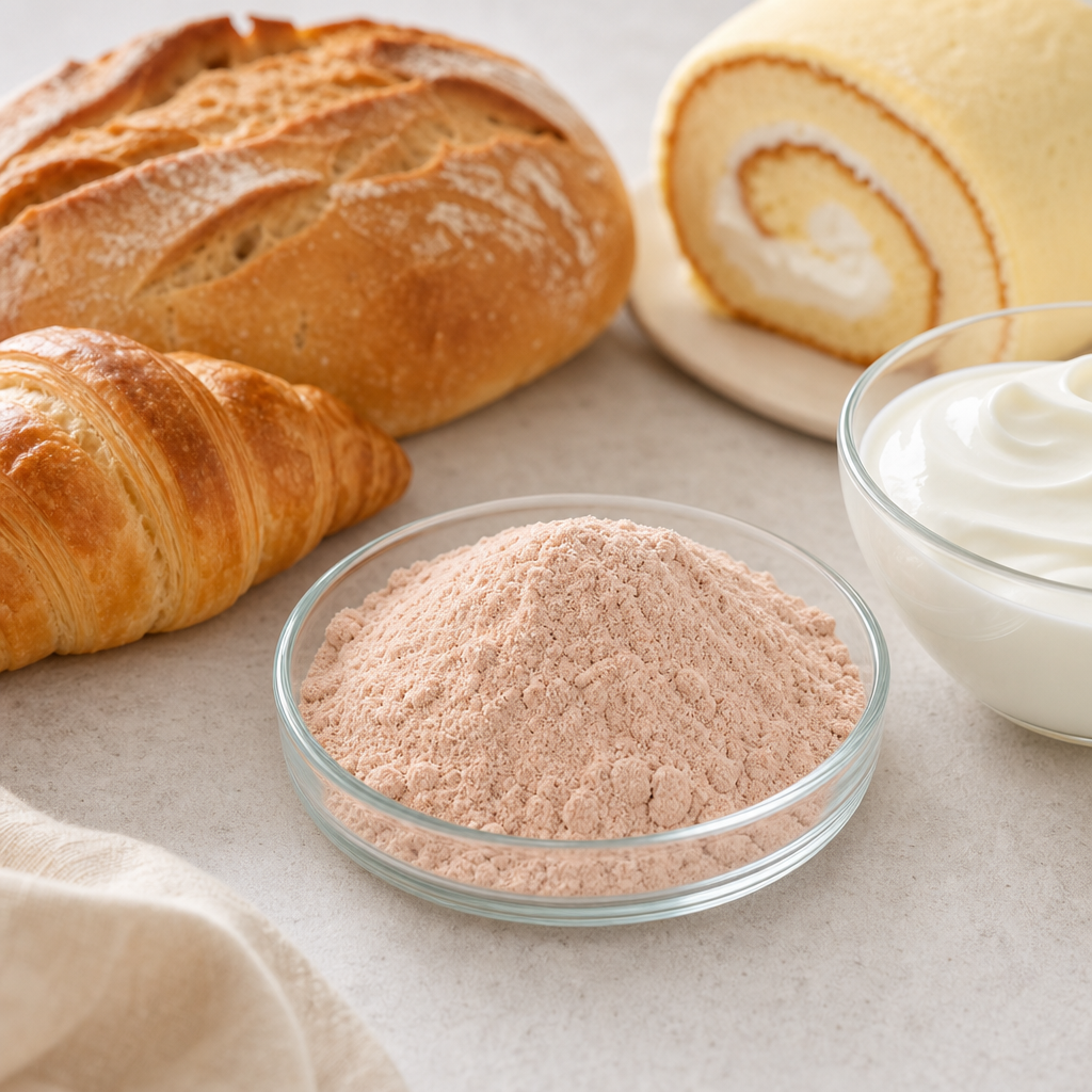 Fine pink to light-tan peptide powder in a small glass dish beside baked goods and a bowl of a creamy dairy-style product