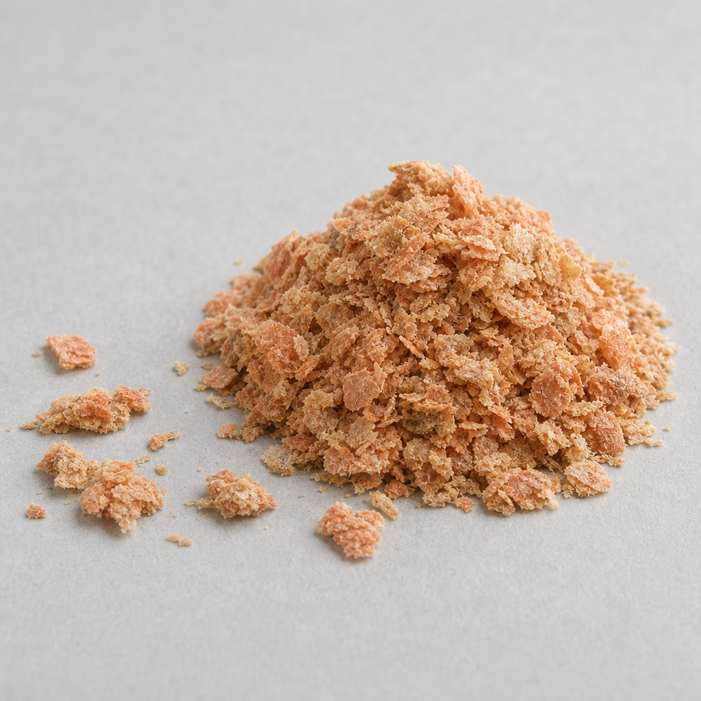 Dried krill meal — small dry pinkish-tan flaky granules of a coarse dried marine raw material, matte and slightly irregular, heaped on a neutral surface