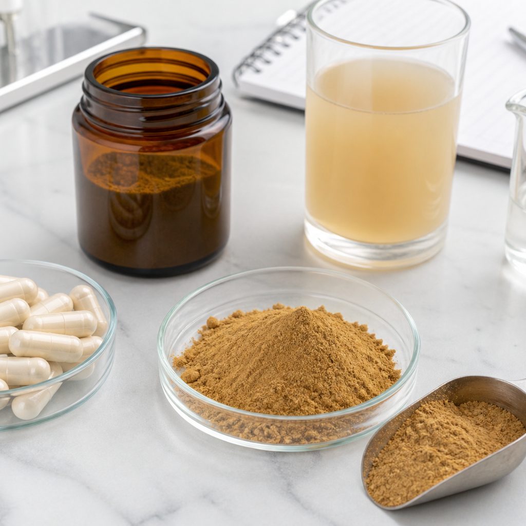 Ashwagandha extract powder for capsule and beverage formulation evaluation