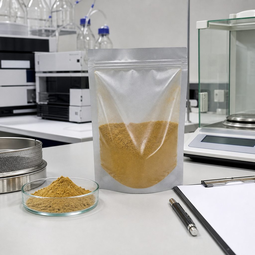 Ashwagandha extract powder sample with laboratory quality-control equipment