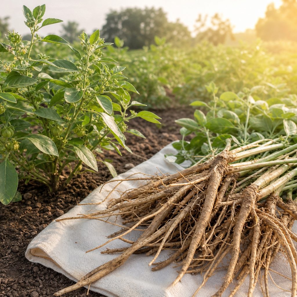 Ashwagandha plants and freshly harvested roots in cultivation field