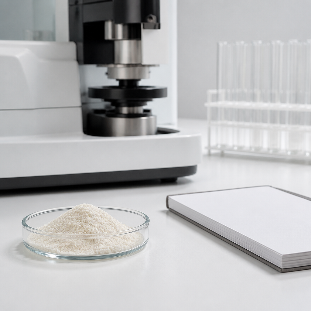 Quality-control laboratory bench with a bench-top analytical instrument, a glass dish of fine off-white bird's nest peptide powder and a blank notebook