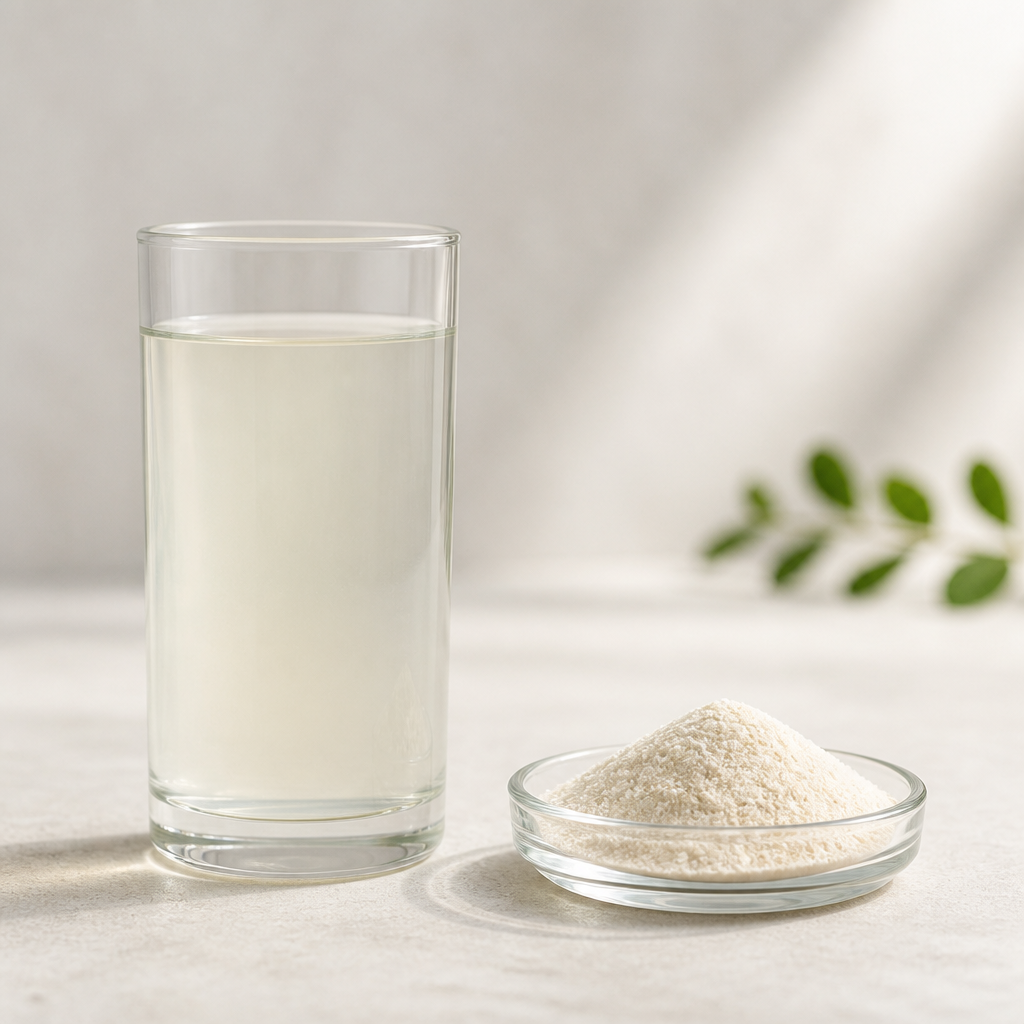 Glass of a pale beverage made with bird's nest peptide beside a small glass dish of fine off-white peptide powder