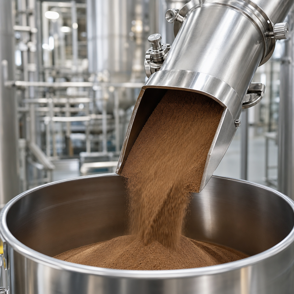 Fine brown peptide powder flowing from a stainless steel discharge chute into a stainless steel collection vessel in an ingredient processing plant