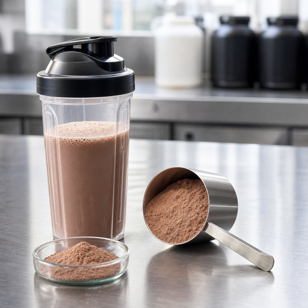 Fine brown peptide powder in a stainless steel scoop and a small glass dish beside a clear shaker bottle of a protein-style drink on a brushed steel worktop