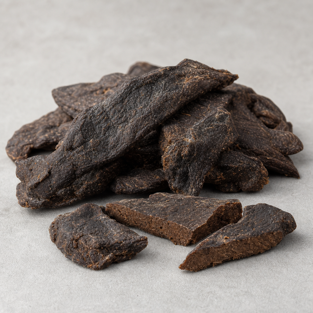 Dried dark-brown irregular matte pieces of a dried high-protein raw material with a dense fibrous cut surface, arranged in a pile with a few pieces laid flat