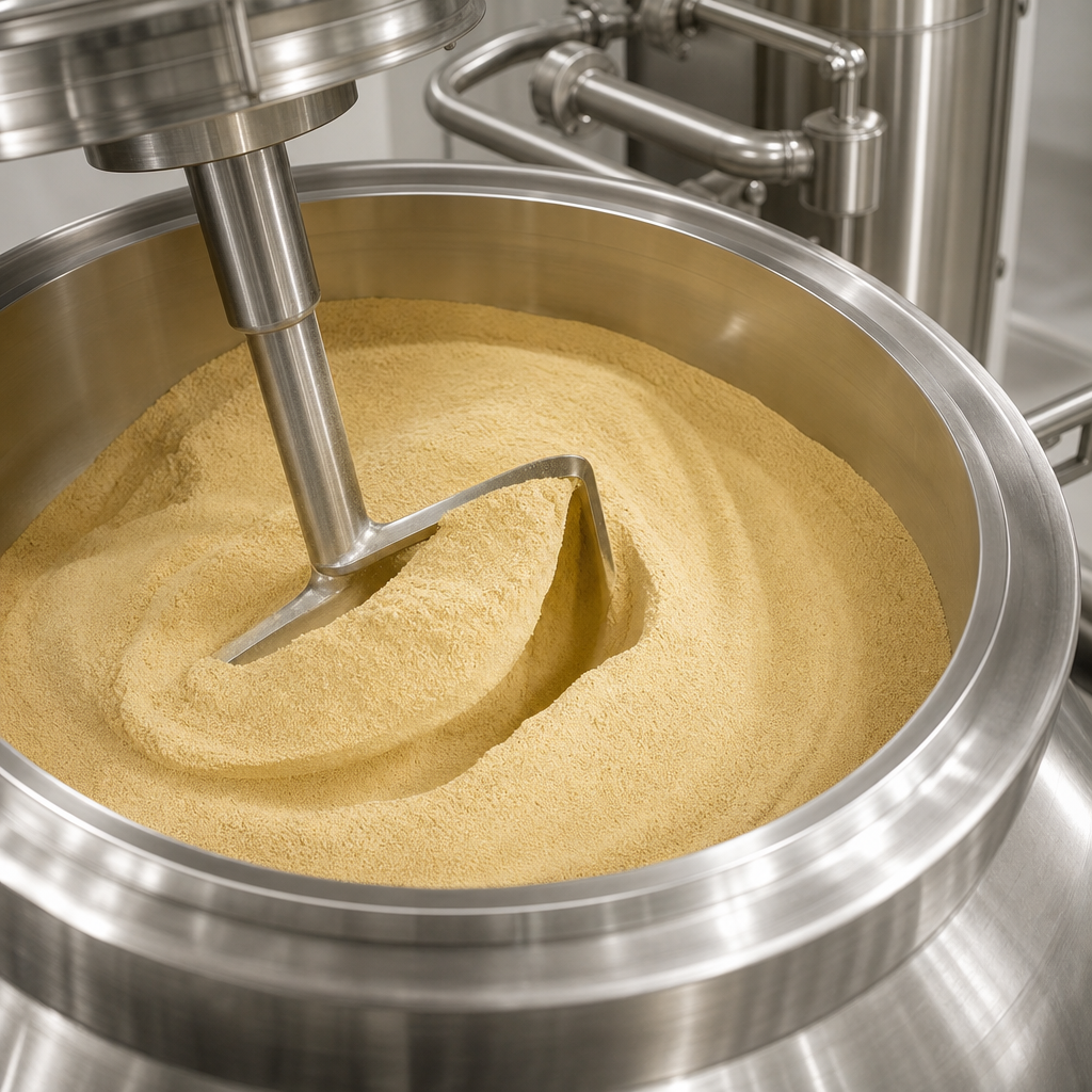 Stainless steel blending vessel mixing tan bovine bone marrow peptide powder