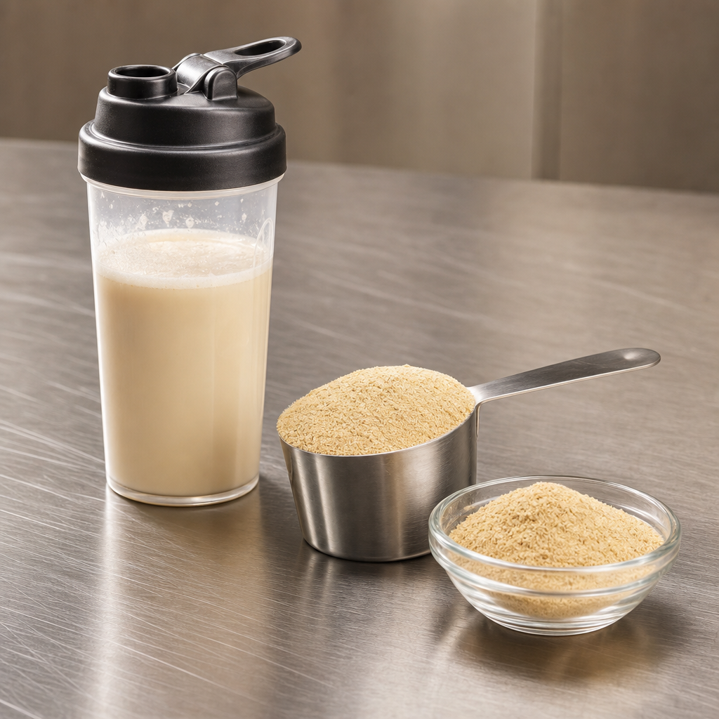 Bovine bone marrow peptide powder scooped for a sports nutrition shake