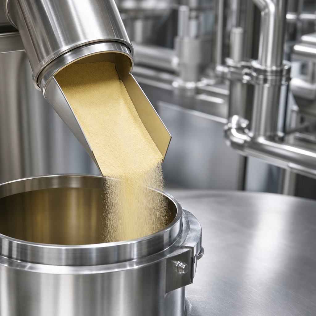 Stainless steel chute feeding fine light-yellow bovine brain marrow peptide powder into a processing vessel