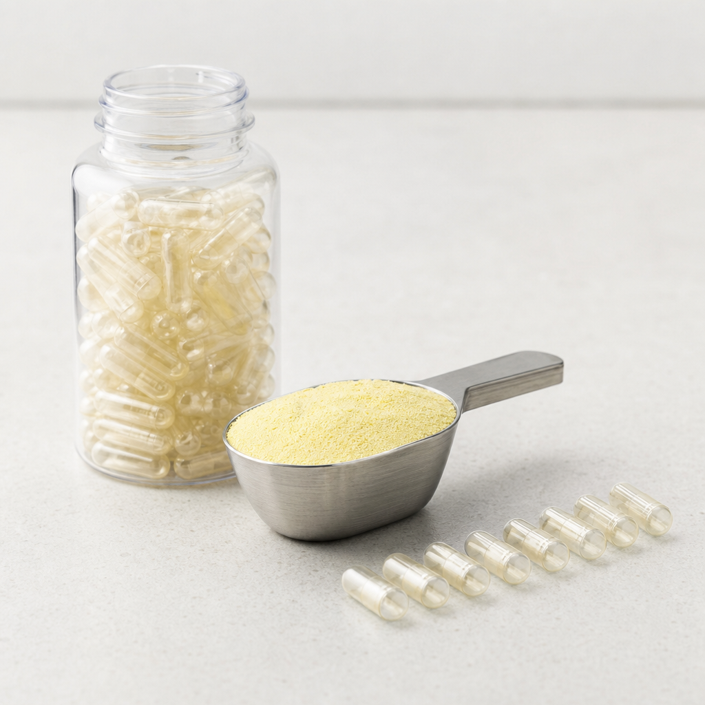 Light-yellow bovine brain marrow peptide powder scooped for two-piece capsule filling