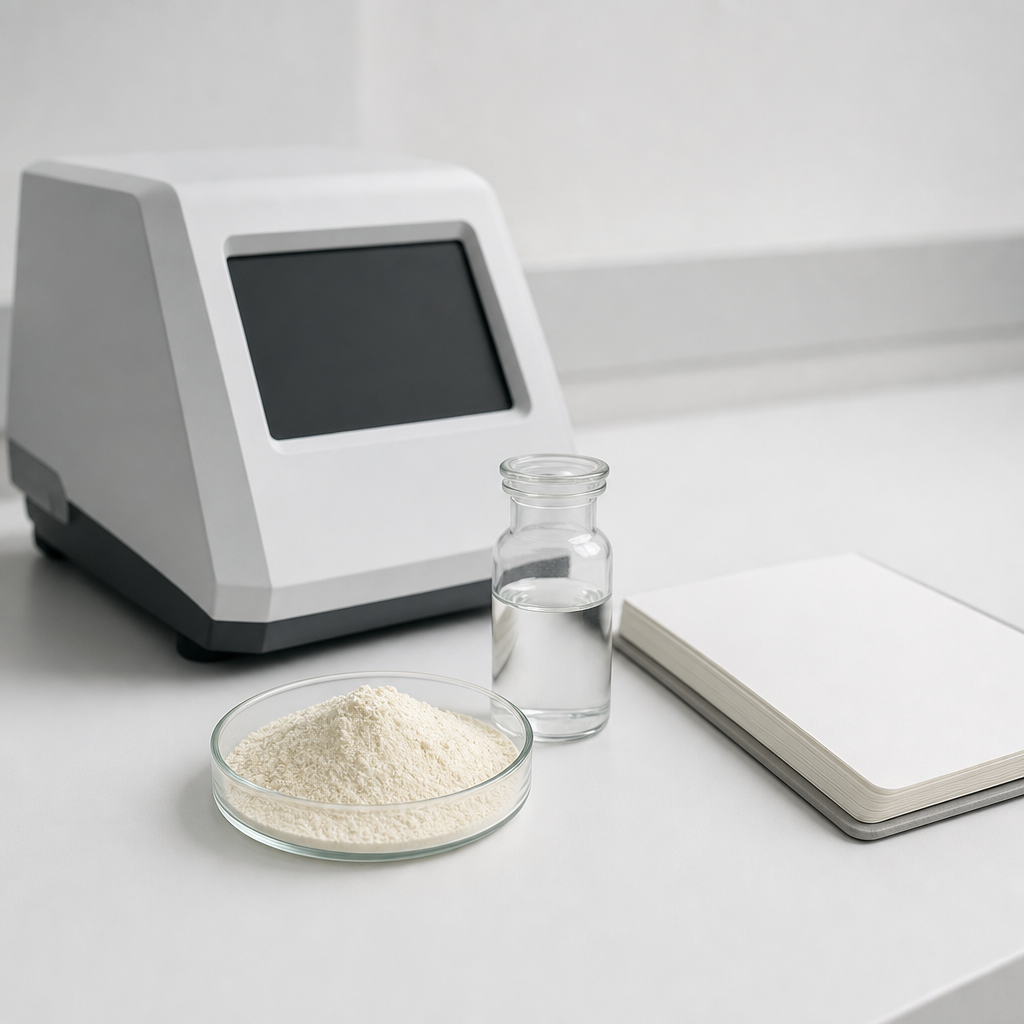 A blank benchtop analytical instrument with an unlit display beside a glass dish of fine off-white to cream powder, a glass vial and a laboratory notebook with blank pages on a white bench