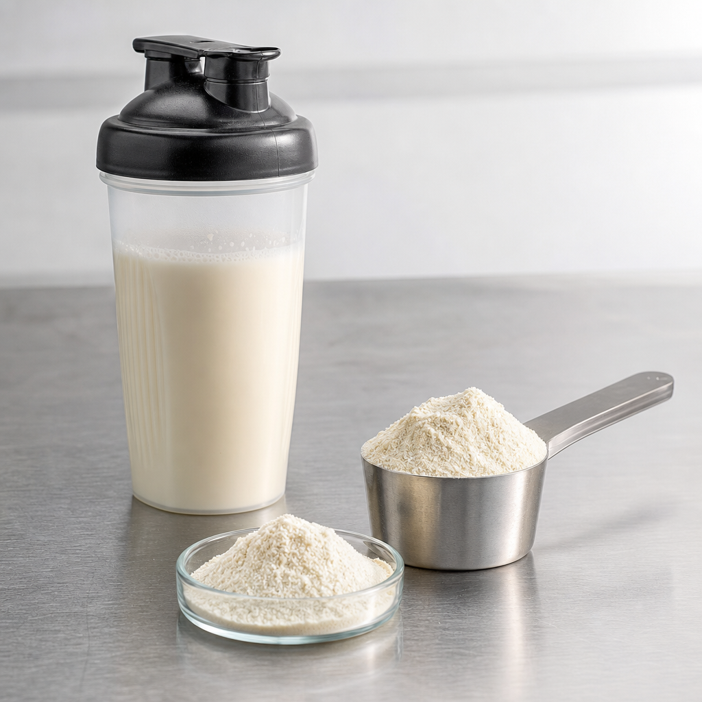 A clear shaker bottle of a creamy protein-style drink beside a stainless steel scoop of fine off-white to cream powder and a small glass dish of the powder on a brushed steel worktop