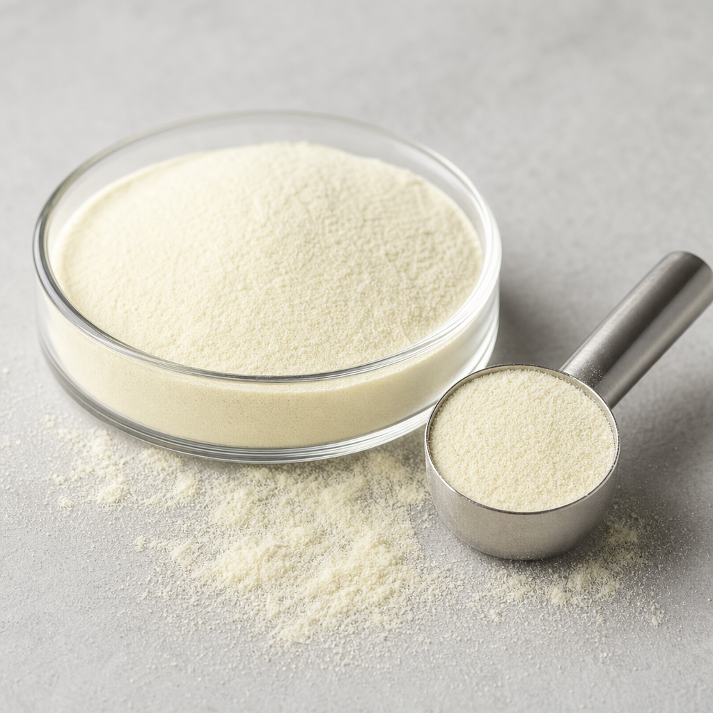 Fine off-white to cream dairy protein powder held in a shallow clear glass dish beside a stainless steel scoop of the powder with a light dusting on a neutral light-grey surface