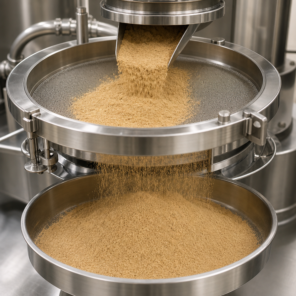 Fine tan peptide powder cascading through a stainless steel vibratory screen deck into a stainless steel receiver pan