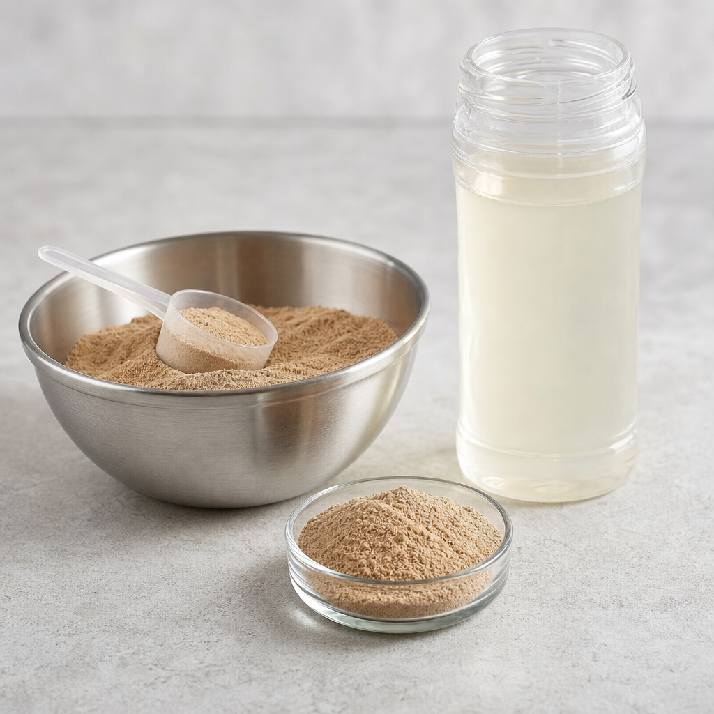 Fine tan peptide powder in a stainless steel mixing bowl with a scoop beside a clear sports bottle of a pale drink and a glass dish of powder