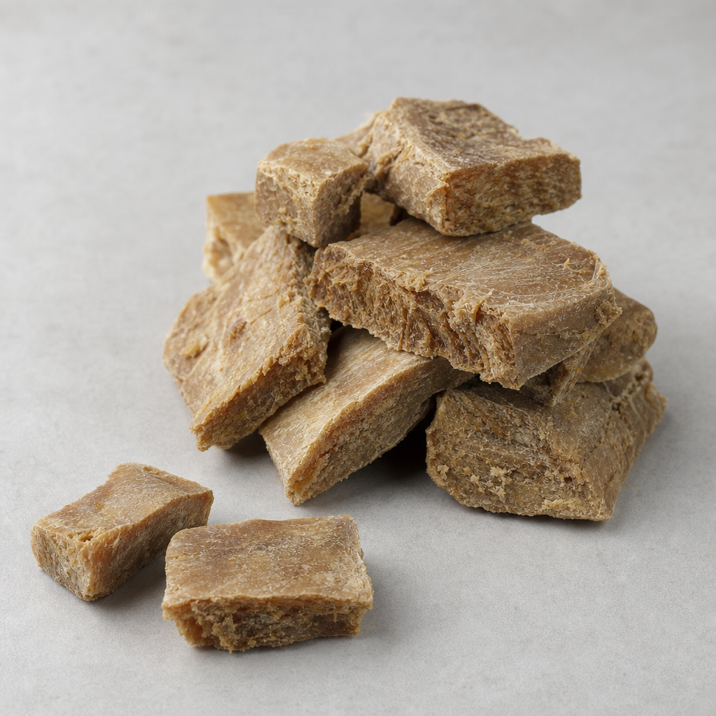 Dried mid-tan collagen-rich blocks cut into chunky pieces with dense bodies and coarse torn faces, stacked in a small heap