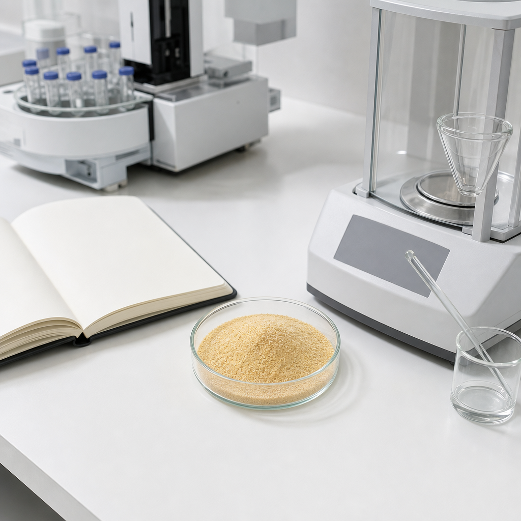 Quality-control laboratory weighing tan bovine spinal marrow peptide powder