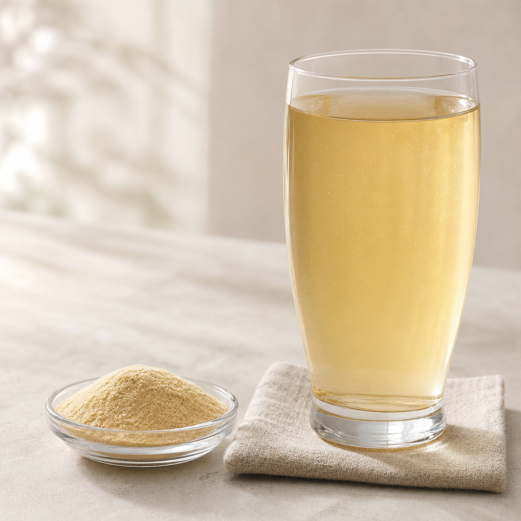 Bovine spinal marrow peptide powder in a finished pale golden beverage