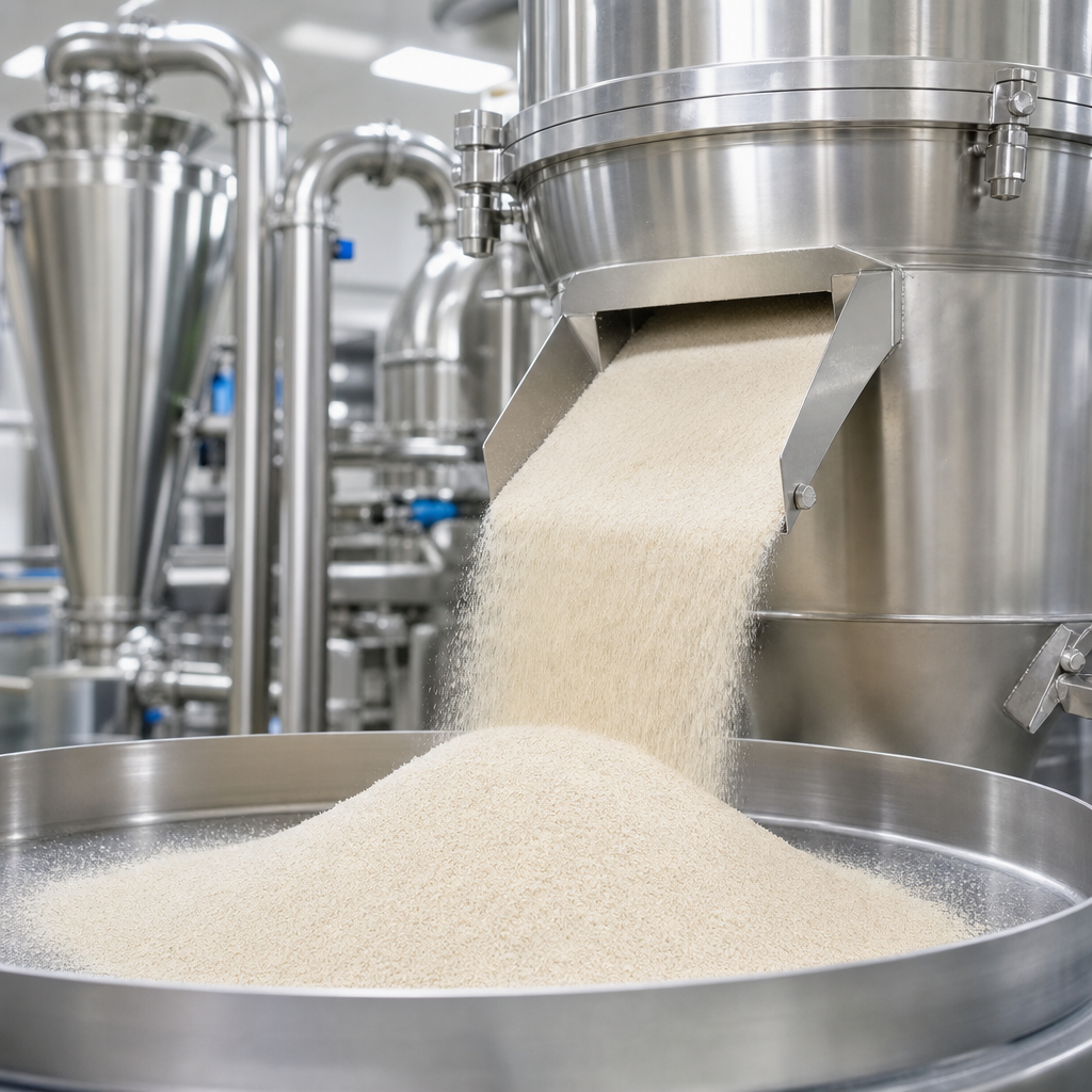 Fine off-white to light-tan calf thymus peptide powder flowing from a stainless steel discharge chute onto a wide stainless steel collection tray in a hygienic processing plant
