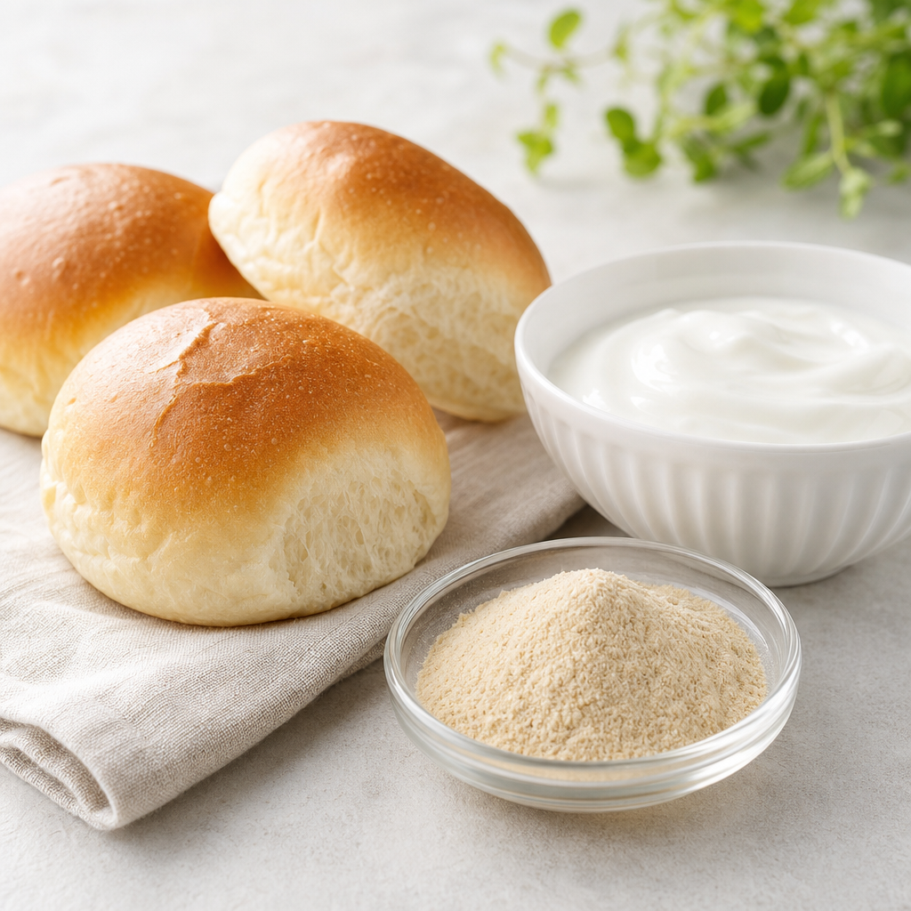 Freshly baked plain bread rolls and a white bowl of plain yogurt beside a small glass dish of fine off-white to light-tan calf thymus peptide powder on a light neutral surface