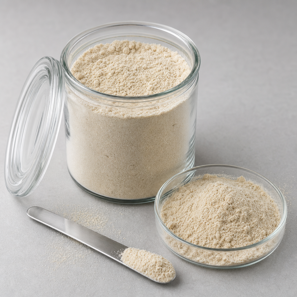A clear glass jar filled with fine off-white to light-tan dried calf thymus peptide powder with its lid resting beside it, next to a small glass dish of the same powder and a stainless steel spatula on a neutral light-grey surface