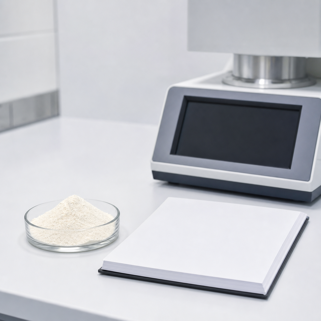 A blank benchtop analytical instrument with an unlit display beside a glass dish of fine off-white to cream powder and a laboratory notebook with blank pages on a white laboratory bench